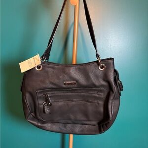 Reflections Black Shoulder Bag with Textured Finish and Silver Hardware